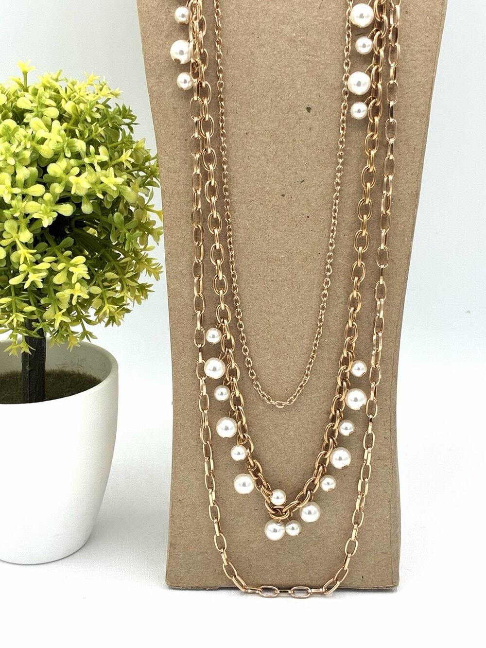 Long Layered Gold Tone Chain Necklace White Faux Pearls 38 Inch Statement
